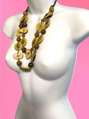 Olive Green Beaded Statement Necklace Artisan Boho Natural Leather Adjustable